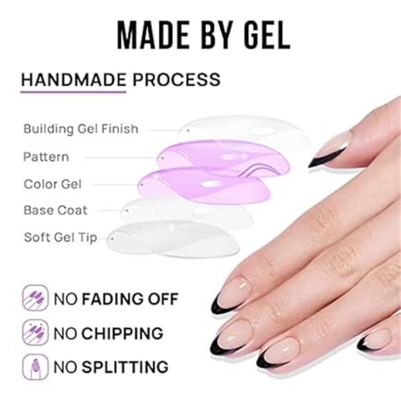 Black French Tip Almond Press On Nails - Picture 5 of 7